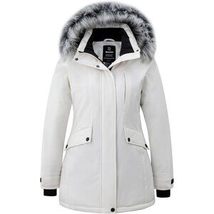 Women's White Down Puffer Hooded Coat Jacket Faux Fur Winter Warm Long Pike